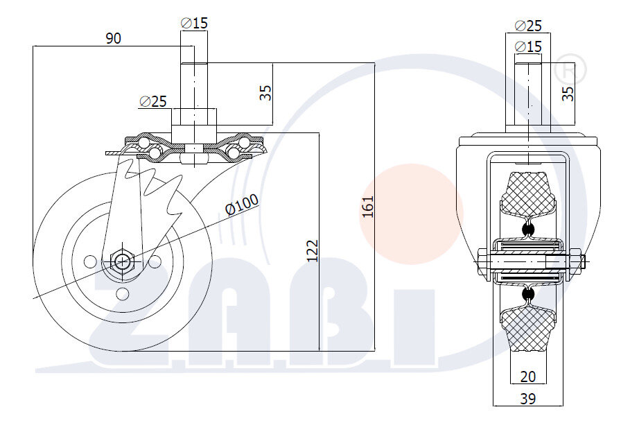 Koła i zestawy kołowe, Koła metalowo-gumowe, W obudowach z trzpieniem o symbolu 14*15
