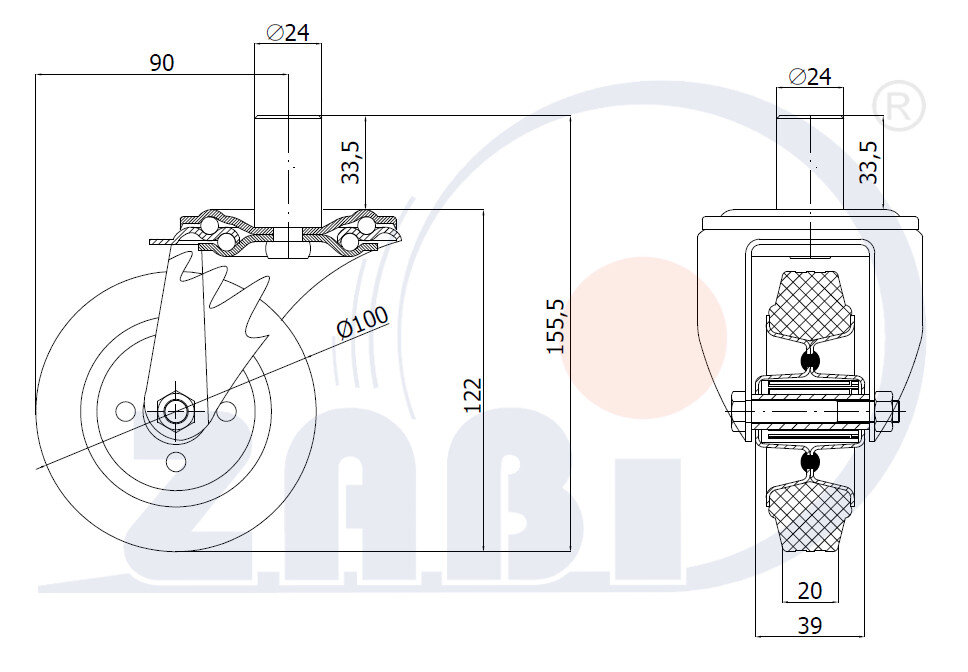 Koła i zestawy kołowe, Koła metalowo-gumowe, W obudowach z trzpieniem o symbolu 14*24