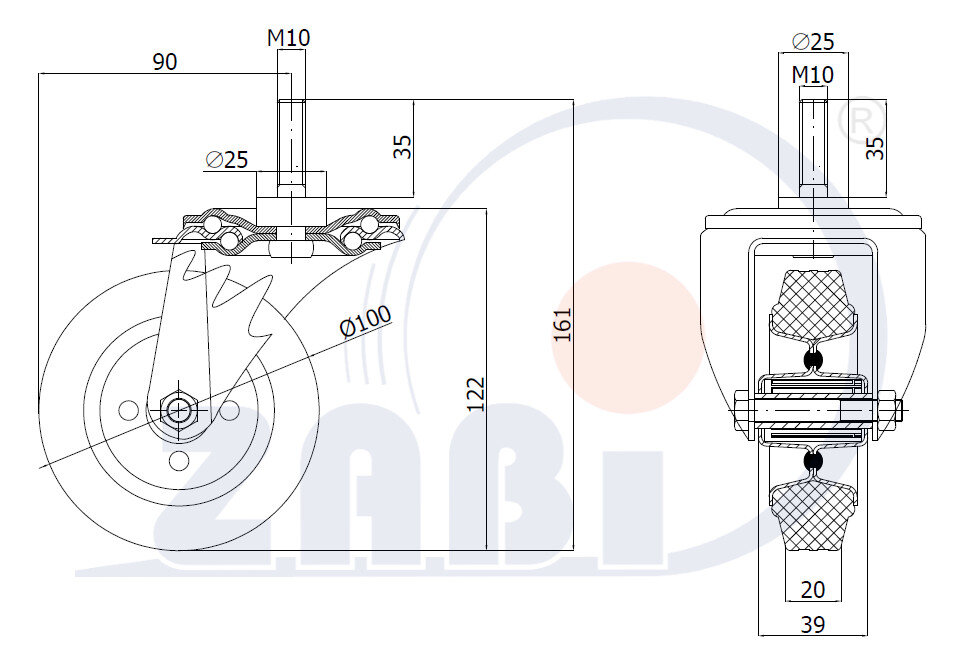 Колёса и наборы колёс, Колеса промышленные (металл +резина), С опорами со штекером с обозначением 14*M10