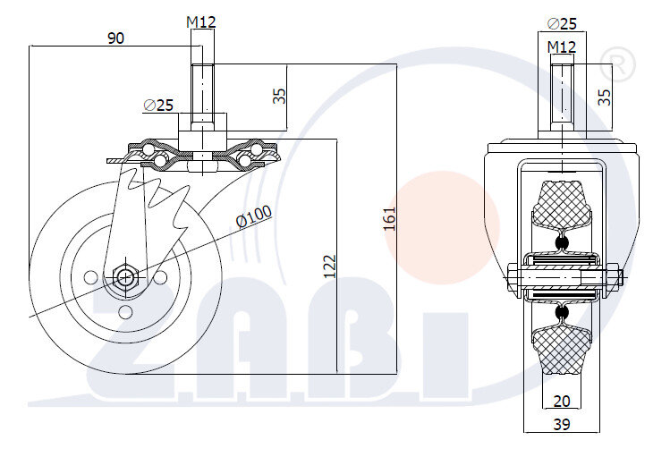 Колёса и наборы колёс, Колеса промышленные (металл +резина), С опорами со штекером с обозначением 14*M12