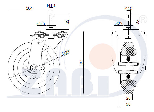 Колёса и наборы колёс, Колеса промышленные (металл +резина), С опорами со штекером с обозначением 24M*M10