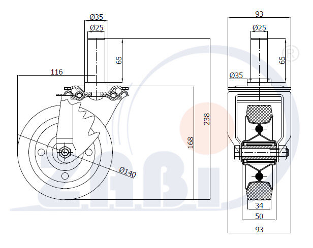 Koła i zestawy kołowe, Koła metalowo-gumowe, W obudowach z trzpieniem o symbolu 34*25