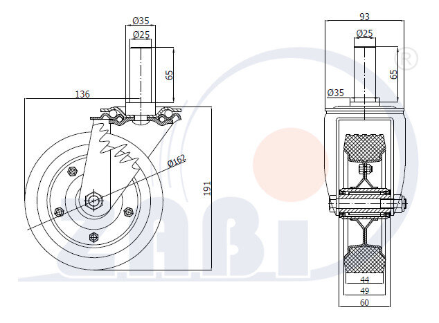 Колёса и наборы колёс, Колеса промышленные (металл +резина), С опорами со штекером с обозначением 44N*25