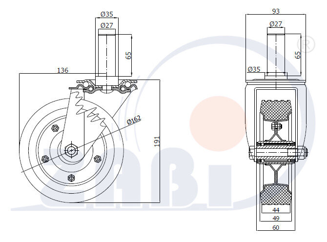 Koła i zestawy kołowe, Koła metalowo-gumowe, W obudowach z trzpieniem o symbolu 44N*27