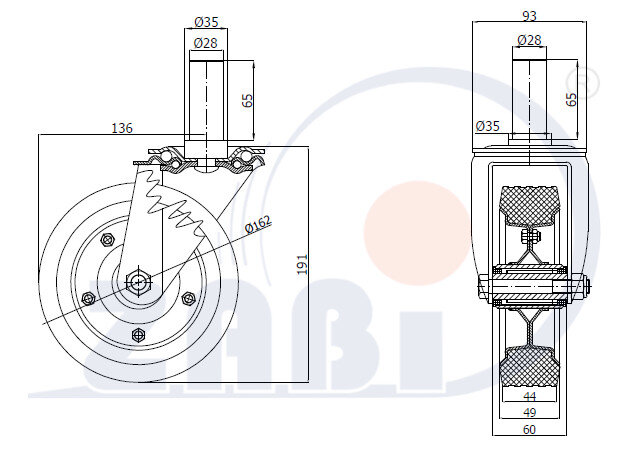 Koła i zestawy kołowe, Koła metalowo-gumowe, W obudowach z trzpieniem o symbolu 44N*28