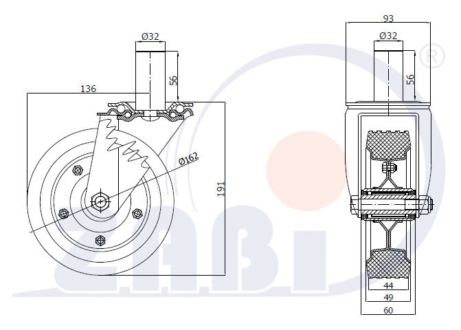 Koła i zestawy kołowe, Koła metalowo-gumowe, W obudowach z trzpieniem o symbolu 44N*32