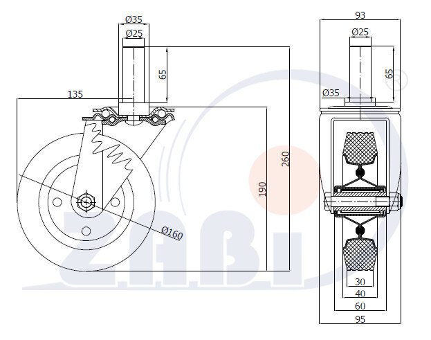 Колёса и наборы колёс, Колеса промышленные (металл +резина), С опорами со штекером с обозначением 44*25