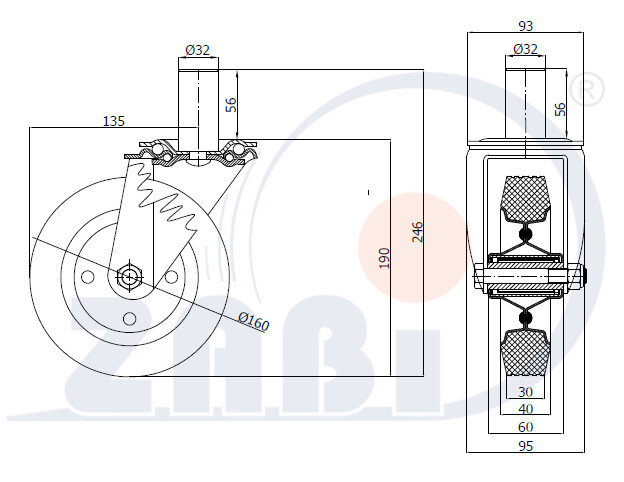 Koła i zestawy kołowe, Koła metalowo-gumowe, W obudowach z trzpieniem o symbolu 44*32