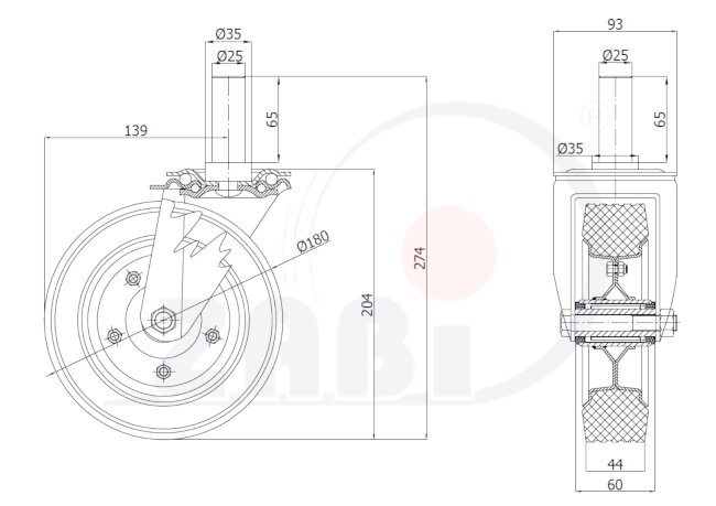 Koła i zestawy kołowe, Koła metalowo-gumowe, W obudowach z trzpieniem o symbolu 54N*27