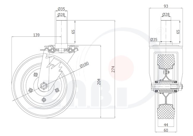 Koła i zestawy kołowe, Koła metalowo-gumowe, W obudowach z trzpieniem o symbolu 54N*28