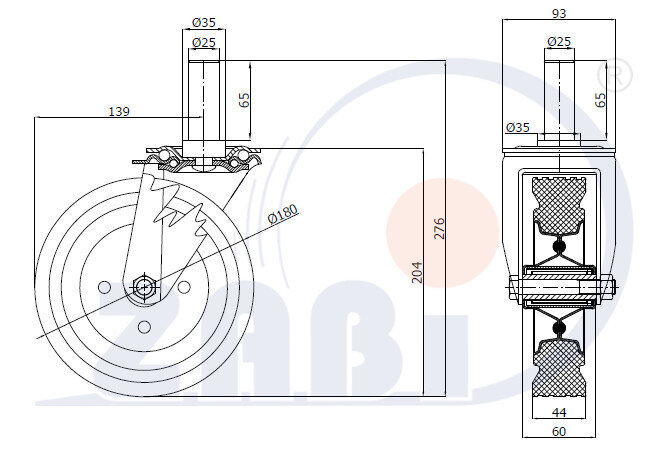 Колёса и наборы колёс, Колеса промышленные (металл +резина), С опорами со штекером с обозначением 54*25