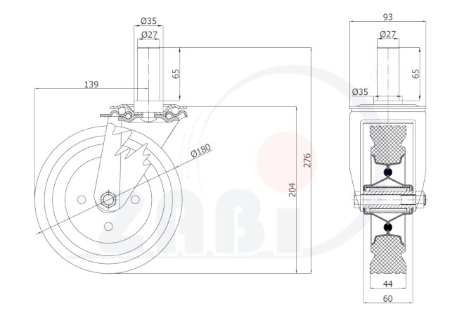 Räder und Rollen, Metallgummiräder, Lenkrollen mit Zapfen mit dem Symbol 54*27