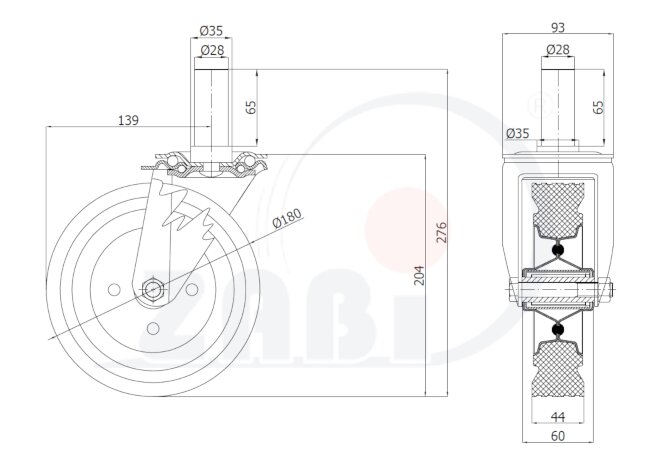 Koła i zestawy kołowe, Koła metalowo-gumowe, W obudowach z trzpieniem o symbolu 54*28