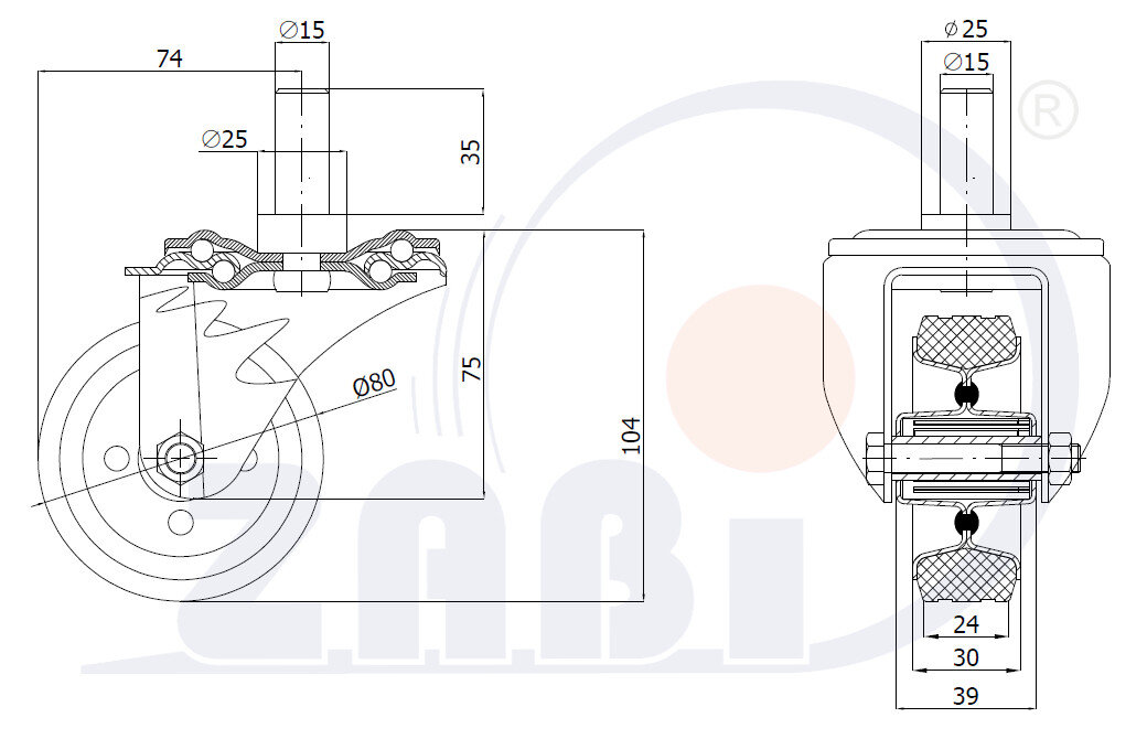 Koła i zestawy kołowe, Koła metalowo-gumowe, W obudowach z trzpieniem o symbolu 5S*15