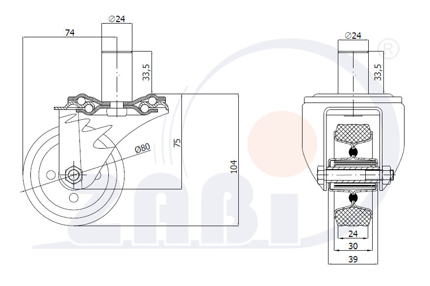 Koła i zestawy kołowe, Koła metalowo-gumowe, W obudowach z trzpieniem o symbolu 5*24