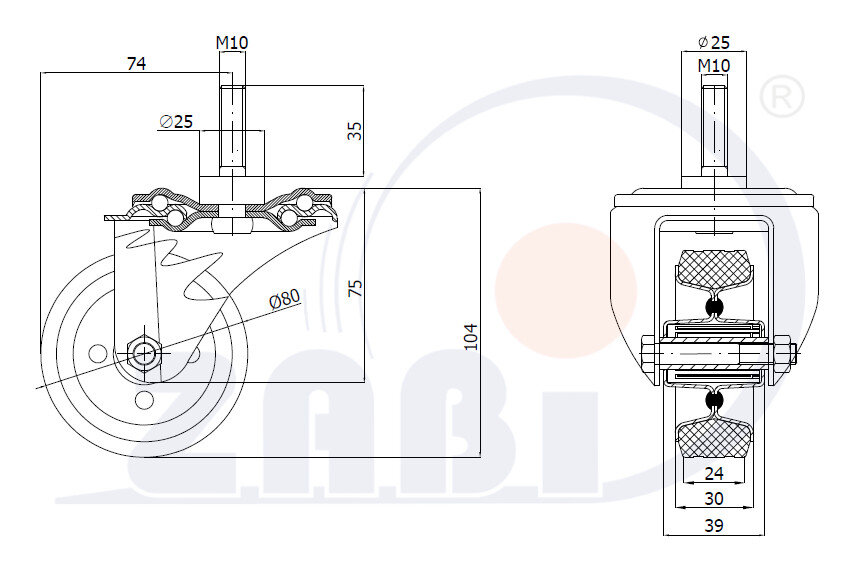 Колёса и наборы колёс, Колеса промышленные (металл +резина), С опорами со штекером с обозначением 5S*M10