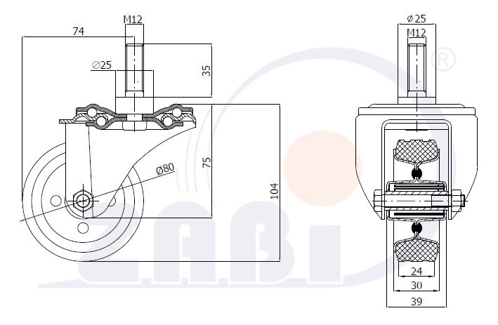 Koła i zestawy kołowe, Koła metalowo-gumowe, W obudowach z trzpieniem o symbolu 5S*M12