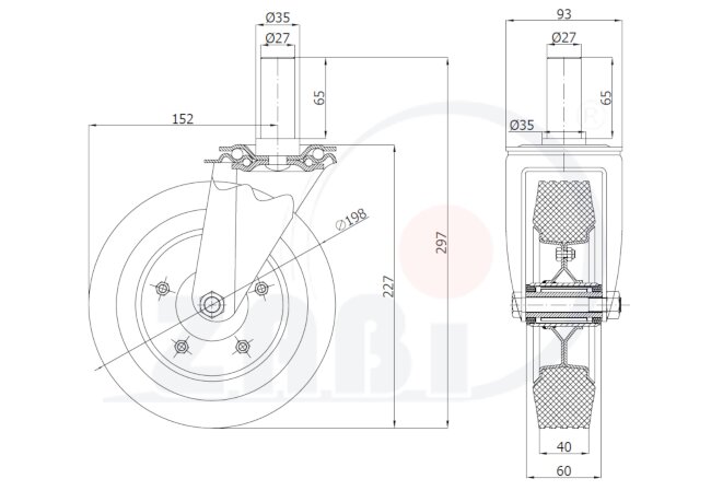 Koła i zestawy kołowe, Koła metalowo-gumowe, W obudowach z trzpieniem o symbolu 64N*27