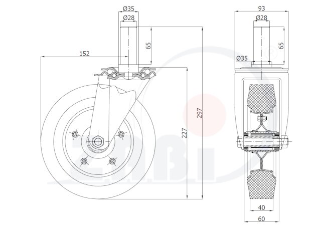 Koła i zestawy kołowe, Koła metalowo-gumowe, W obudowach z trzpieniem o symbolu 64N*28
