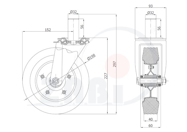 Koła i zestawy kołowe, Koła metalowo-gumowe, W obudowach z trzpieniem o symbolu 64N*32
