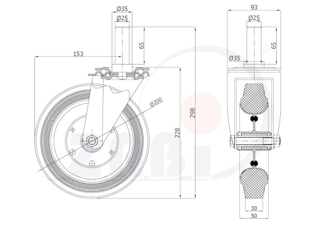 Колёса и наборы колёс, Колеса промышленные (металл +резина), С опорами со штекером с обозначением 64*25