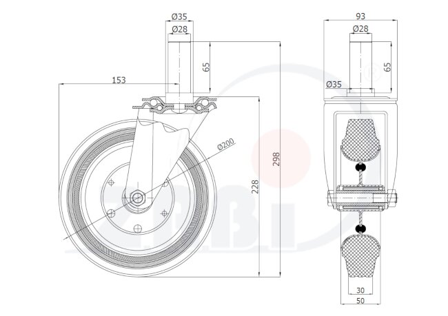 Koła i zestawy kołowe, Koła metalowo-gumowe, W obudowach z trzpieniem o symbolu 64*28
