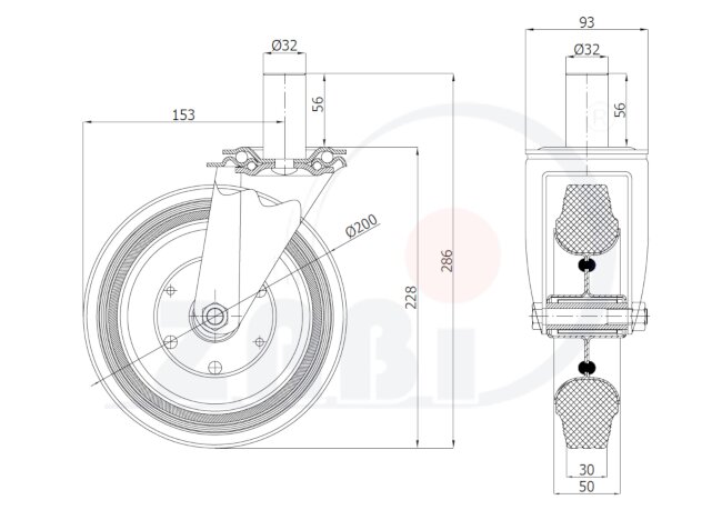 Колёса и наборы колёс, Колеса промышленные (металл +резина), С опорами со штекером с обозначением 64*32