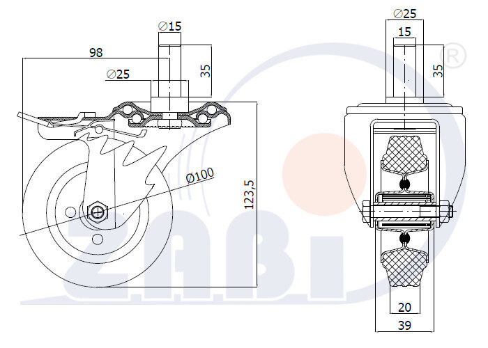 Räder und Rollen, Metallgummiräder, Lenkrollen mit Zapfen und Bremse mit dem Symbol 16SH*15