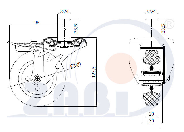 Räder und Rollen, Metallgummiräder, Lenkrollen mit Zapfen und Bremse mit dem Symbol 16SH*24