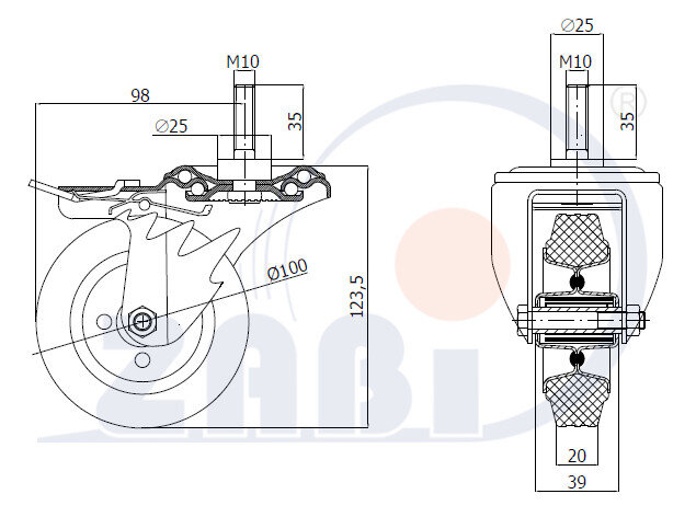 Колёса и наборы колёс, Колеса промышленные (металл +резина), С опорами со штекером и тормозом с обозначением 16SH*M10