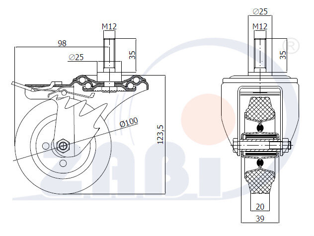 Räder und Rollen, Metallgummiräder, Lenkrollen mit Zapfen und Bremse mit dem Symbol 16H*M12