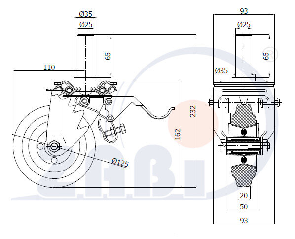 Koła i zestawy kołowe, Koła metalowo-gumowe, W obudowach z trzpieniem i hamulcem o symbolu 26H*25