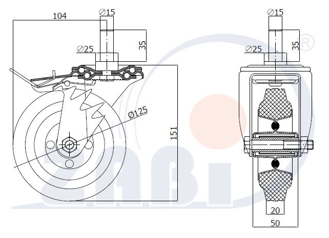 Räder und Rollen, Metallgummiräder, Lenkrollen mit Zapfen und Bremse mit dem Symbol 26MH*15