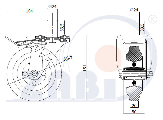 Räder und Rollen, Metallgummiräder, Lenkrollen mit Zapfen und Bremse mit dem Symbol 26MH*24