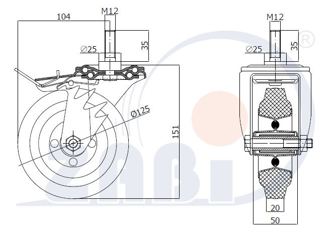 Räder und Rollen, Metallgummiräder, Lenkrollen mit Zapfen und Bremse mit dem Symbol 26MSH*M12