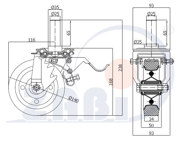 Koła i zestawy kołowe, Koła metalowo-gumowe, W obudowach z trzpieniem i hamulcem o symbolu 36H*25