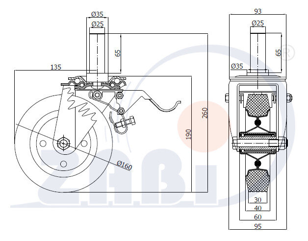 Koła i zestawy kołowe, Koła metalowo-gumowe, W obudowach z trzpieniem i hamulcem o symbolu 46H*25