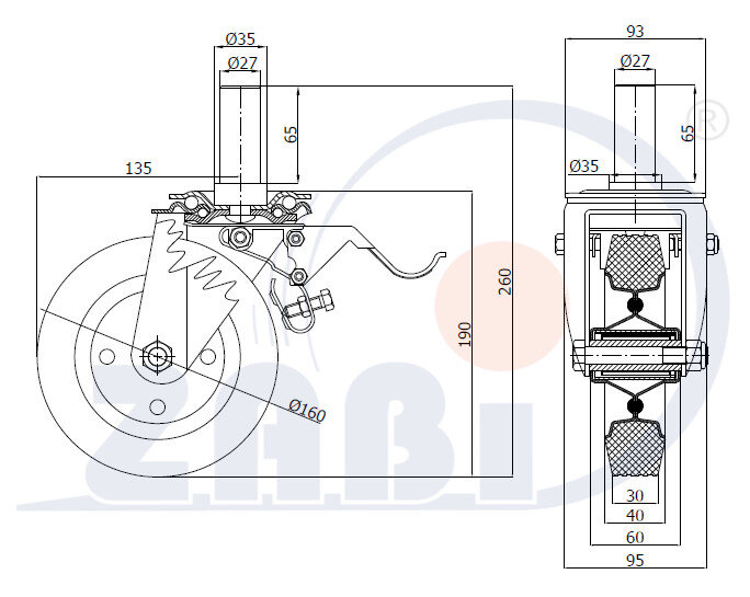 Koła i zestawy kołowe, Koła metalowo-gumowe, W obudowach z trzpieniem i hamulcem o symbolu 46H*27
