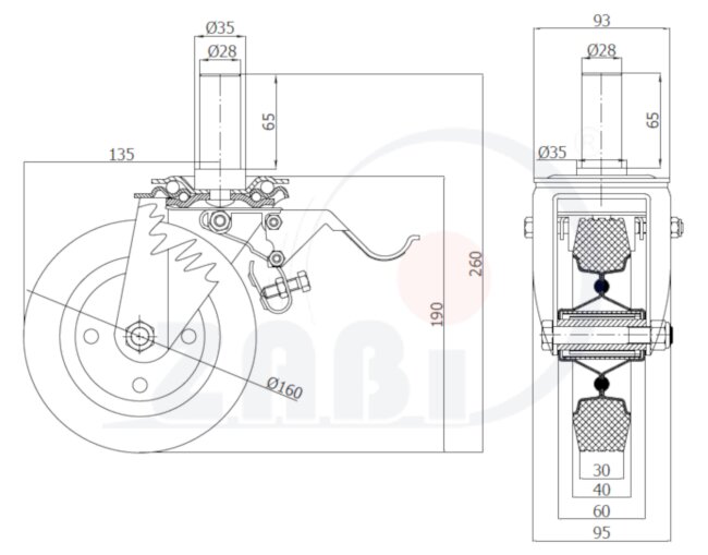 Koła i zestawy kołowe, Koła metalowo-gumowe, W obudowach z trzpieniem i hamulcem o symbolu 46H*28