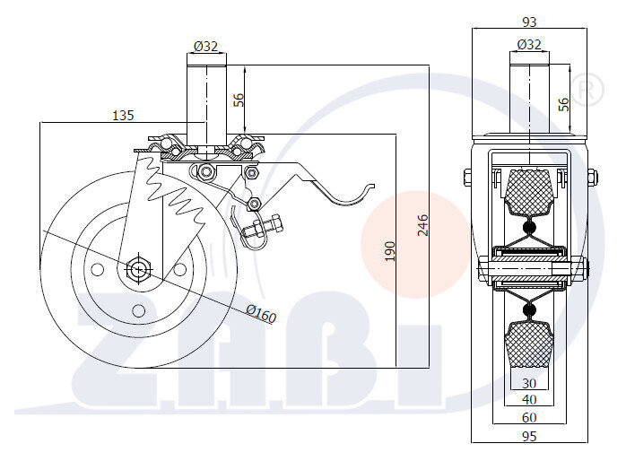Колёса и наборы колёс, Колеса промышленные (металл +резина), С опорами со штекером и тормозом с обозначением 46H*32