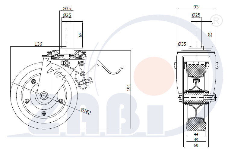 Колёса и наборы колёс, Колеса промышленные (металл +резина), С опорами со штекером и тормозом с обозначением 46NH*25