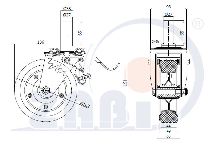 Koła i zestawy kołowe, Koła metalowo-gumowe, W obudowach z trzpieniem i hamulcem o symbolu 46NH*27