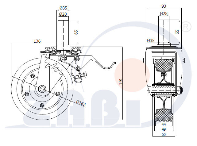 Koła i zestawy kołowe, Koła metalowo-gumowe, W obudowach z trzpieniem i hamulcem o symbolu 46NH*28