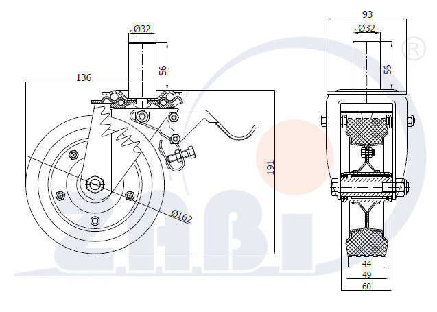 Koła i zestawy kołowe, Koła metalowo-gumowe, W obudowach z trzpieniem i hamulcem o symbolu 46NH*32