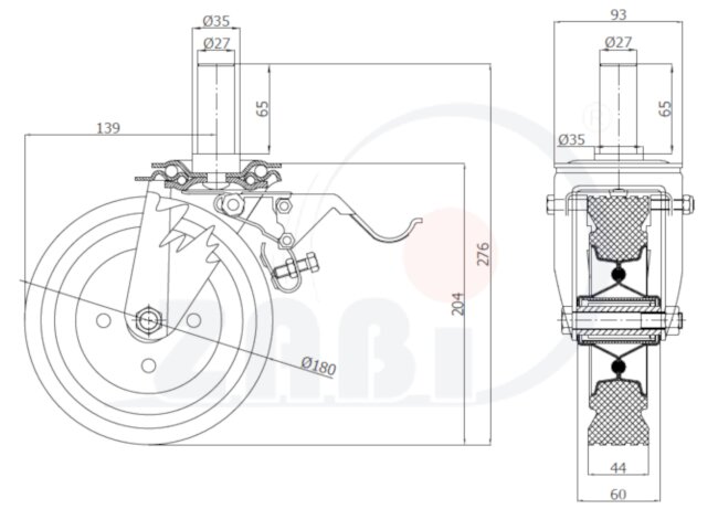 Räder und Rollen, Metallgummiräder, Lenkrollen mit Zapfen und Bremse mit dem Symbol 56H*27