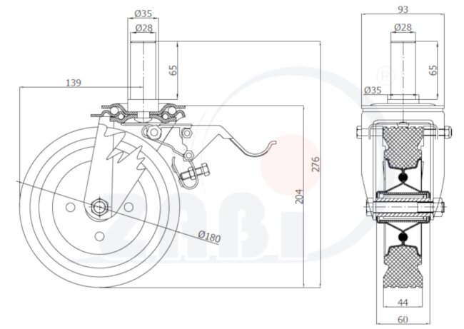Koła i zestawy kołowe, Koła metalowo-gumowe, W obudowach z trzpieniem i hamulcem o symbolu 56H*28