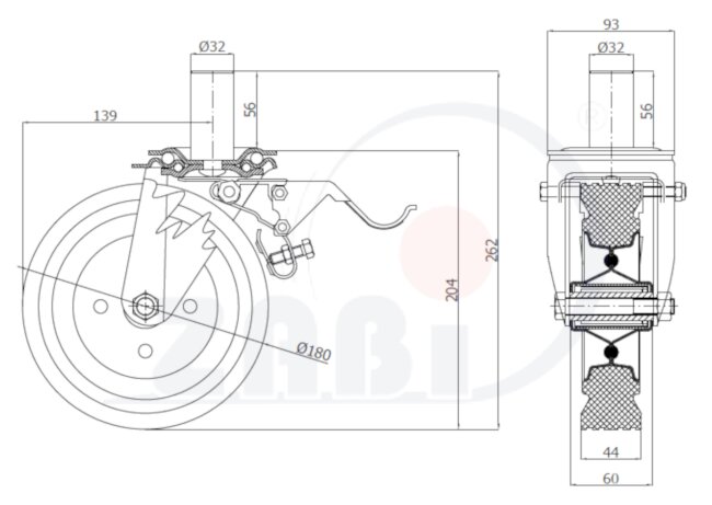 Koła i zestawy kołowe, Koła metalowo-gumowe, W obudowach z trzpieniem i hamulcem o symbolu 56H*32