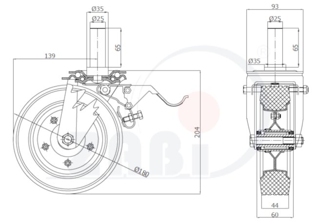 Колёса и наборы колёс, Колеса промышленные (металл +резина), С опорами со штекером и тормозом с обозначением 56H*25