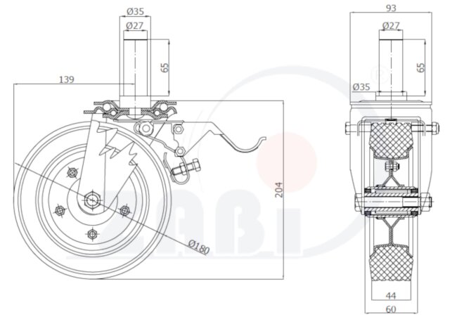 Koła i zestawy kołowe, Koła metalowo-gumowe, W obudowach z trzpieniem i hamulcem o symbolu 56NH*27