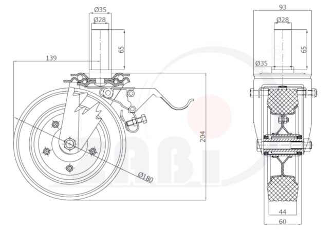 Koła i zestawy kołowe, Koła metalowo-gumowe, W obudowach z trzpieniem i hamulcem o symbolu 56NH*28
